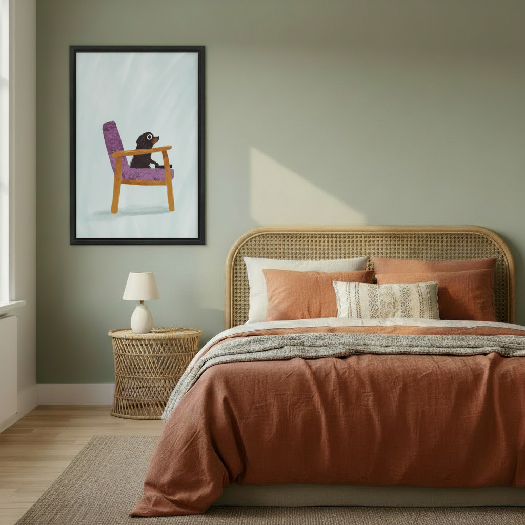 Dachshund purple chair wall art in black frame, minimalist light blue illustration, styled in a warm boho bedroom with sage green walls and rattan headboard