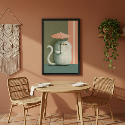 Whimsical fluffy white cat pink parasol wall art print in black frame on terracotta wall above rattan dining chairs with macrame wall hanging in boho dining room