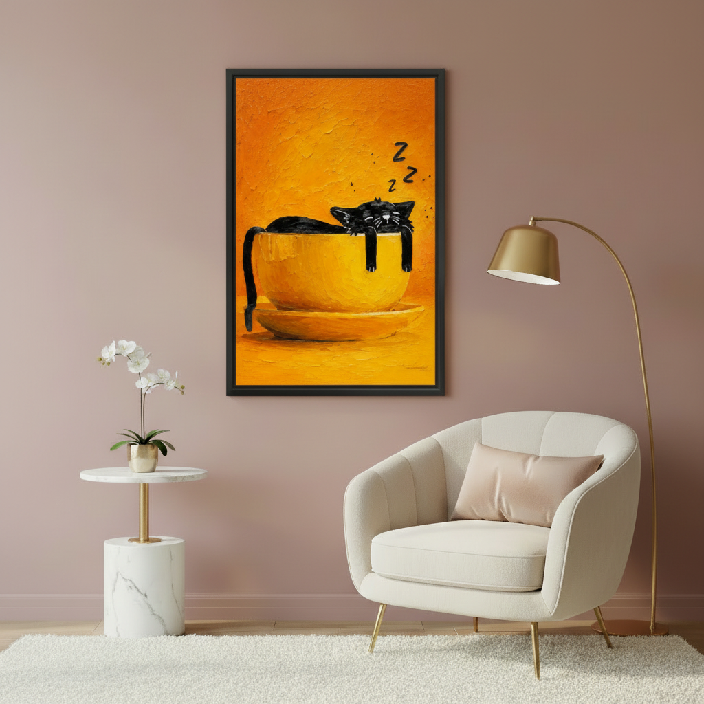 Cute black cat curled up sleeping in giant yellow cup funny oil painting wall art print in black frame beside cream armchair with marble side table and gold arc floor lamp in elegant living room

