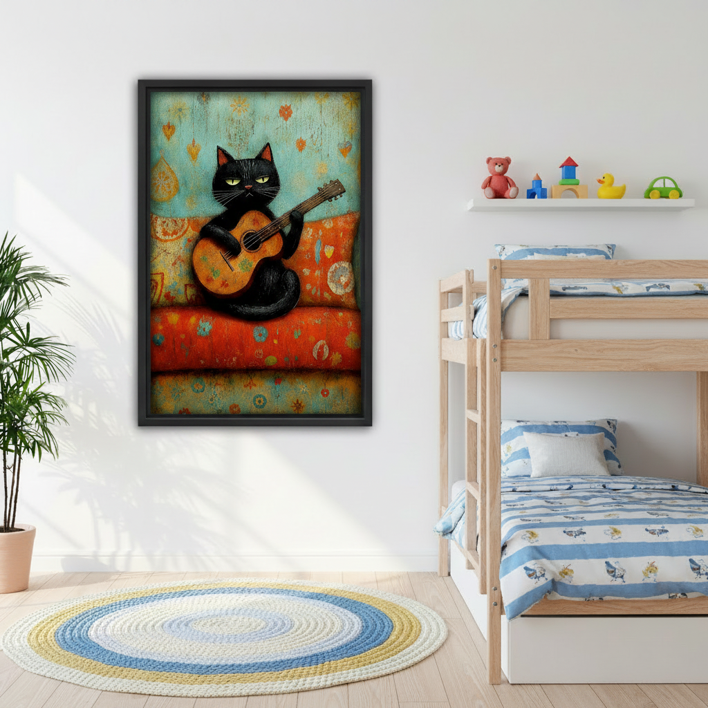 Funny black cat guitar wall art for kids bedroom, whimsical cat playing acoustic guitar on colorful boho sofa, black framed canvas print for children's room decor