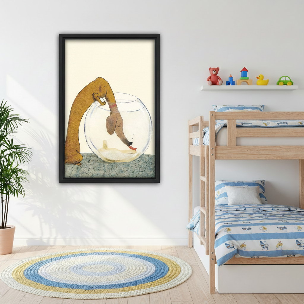 Cute dachshund wall art for kids bedroom, funny dog diving into fish bowl, black framed canvas print for nursery decor