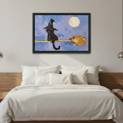  Black cat on broomstick witch hat framed wall art, black frame, blue moonlit night oil painting style, styled above a bed in a clean modern bedroom with wood headboard and white bedding