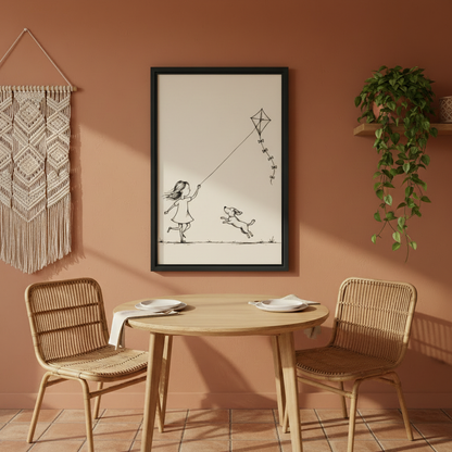 Charming girl and dog kite flying minimalist sketch wall art print in black frame on terracotta wall above rattan dining table and chairs with macrame wall hanging in boho dining room

