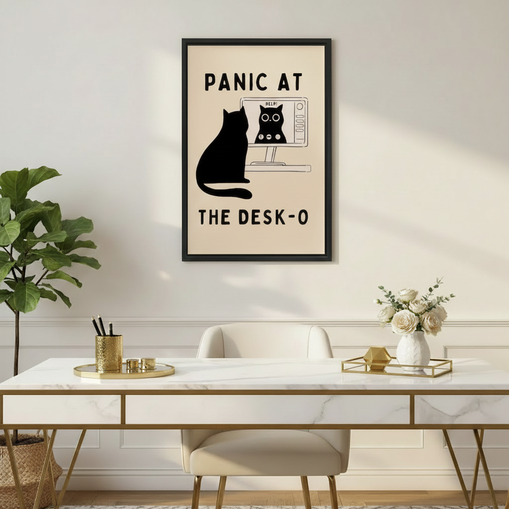 Quirky black cat at computer screen panic at the desk-o funny wall art print in black frame above white marble gold desk with white rose vase and fiddle leaf fig in elegant home office