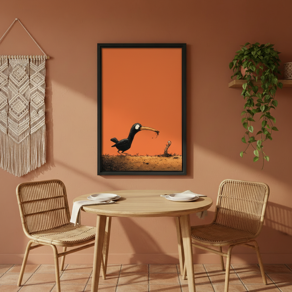Funny black bird and worm face off orange background cartoon wall art print in black frame on terracotta wall above rattan dining chairs with macrame wall hanging in boho dining room