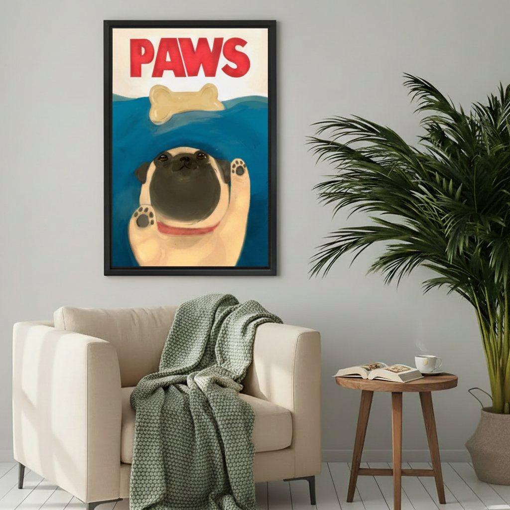 Cute pug PAWS movie parody dog swimming for bone red collar funny wall art print in black frame beside cream armchair with green knit throw and round wood side table in Scandinavian living room