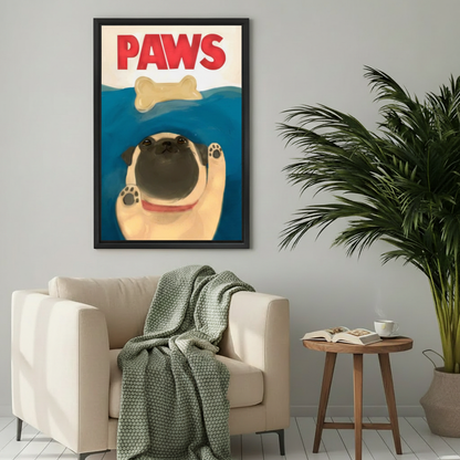 Cute pug PAWS movie parody dog swimming for bone red collar funny wall art print in black frame beside cream armchair with green knit throw and round wood side table in Scandinavian living room