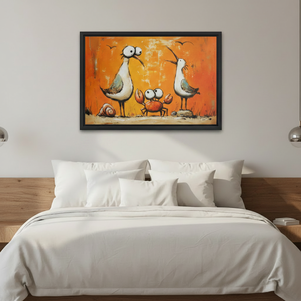 Whimsical seagull and crab wall art for bedroom, two funny coastal birds with orange crab on sandy beach, black framed canvas print for bedroom decor

