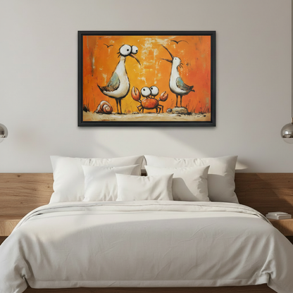 Whimsical seagull and crab wall art for bedroom, two funny coastal birds with orange crab on sandy beach, black framed canvas print for bedroom decor

