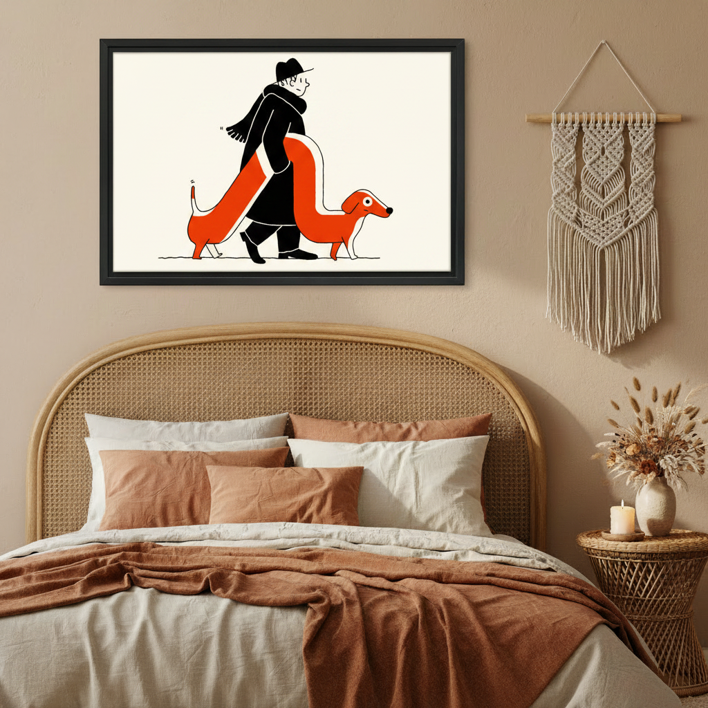 Quirky man and super long orange dachshund dog minimalist illustration wall art print in black frame above rattan headboard bed with terracotta linen and macrame wall hanging in boho bedroom