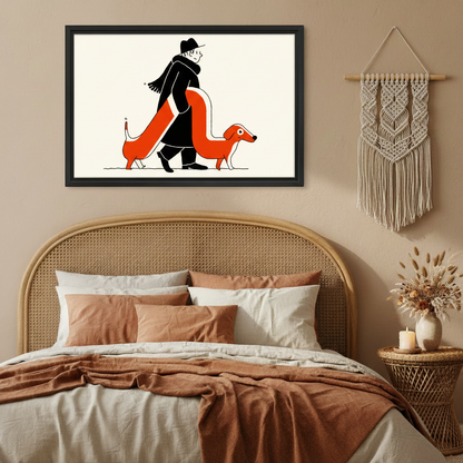 Quirky man and super long orange dachshund dog minimalist illustration wall art print in black frame above rattan headboard bed with terracotta linen and macrame wall hanging in boho bedroom