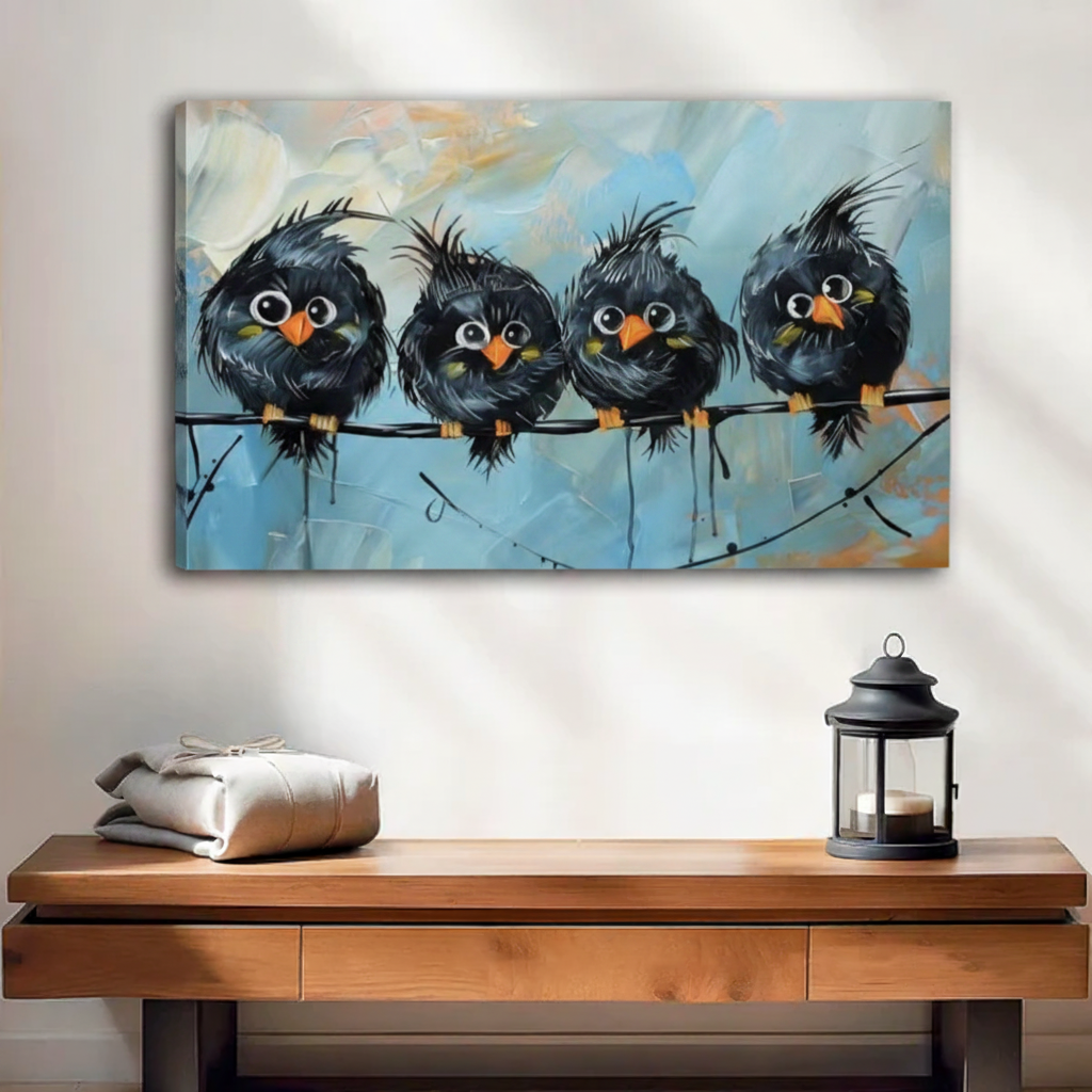 Gallery wrap canvas print of four fluffy black birds perched on a wire in oil painting style, living room wall art