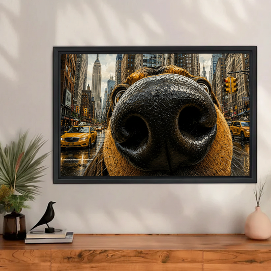 Big nose dog New York City wall art print in black float frame above wooden console, funny photorealistic canvas