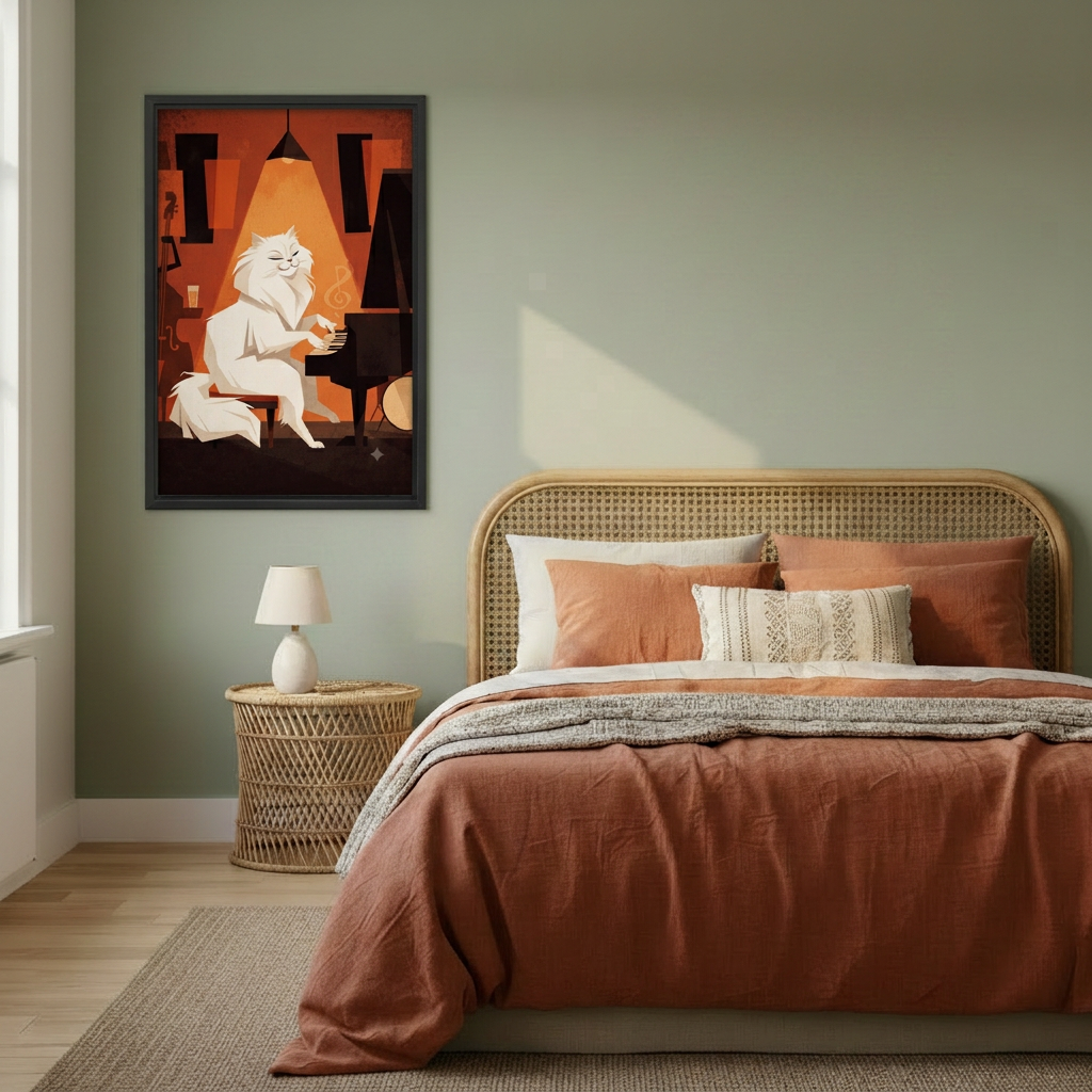 Retro White Cat Playing Piano Canvas Wall Art | Framed & Unframed l4809