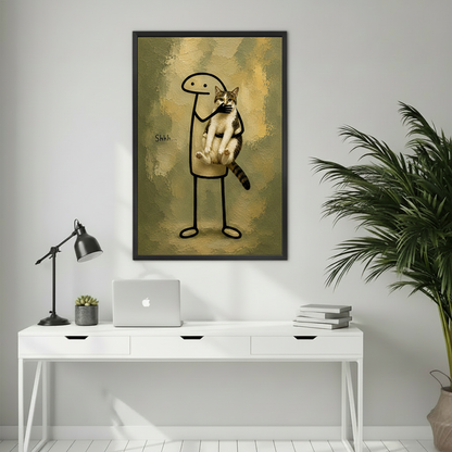 Cat lover wall art – humorous oil painting of a cat making a quiet gesture, modern home decor print, available in multiple sizes