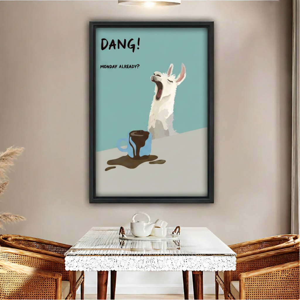 Dang Monday Already funny llama coffee spill canvas wall art in black frame, dining room wall decor