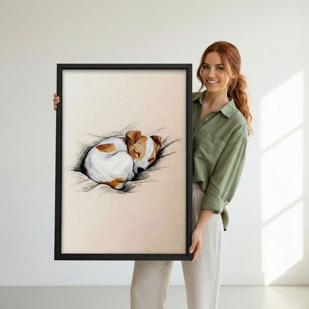 Minimalist sketched sleeping dog framed canvas art as home decor accent — charming pet illustration wall print styled with neutral home furnishings