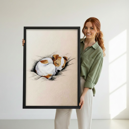 Minimalist sketched sleeping dog framed canvas art as home decor accent — charming pet illustration wall print styled with neutral home furnishings