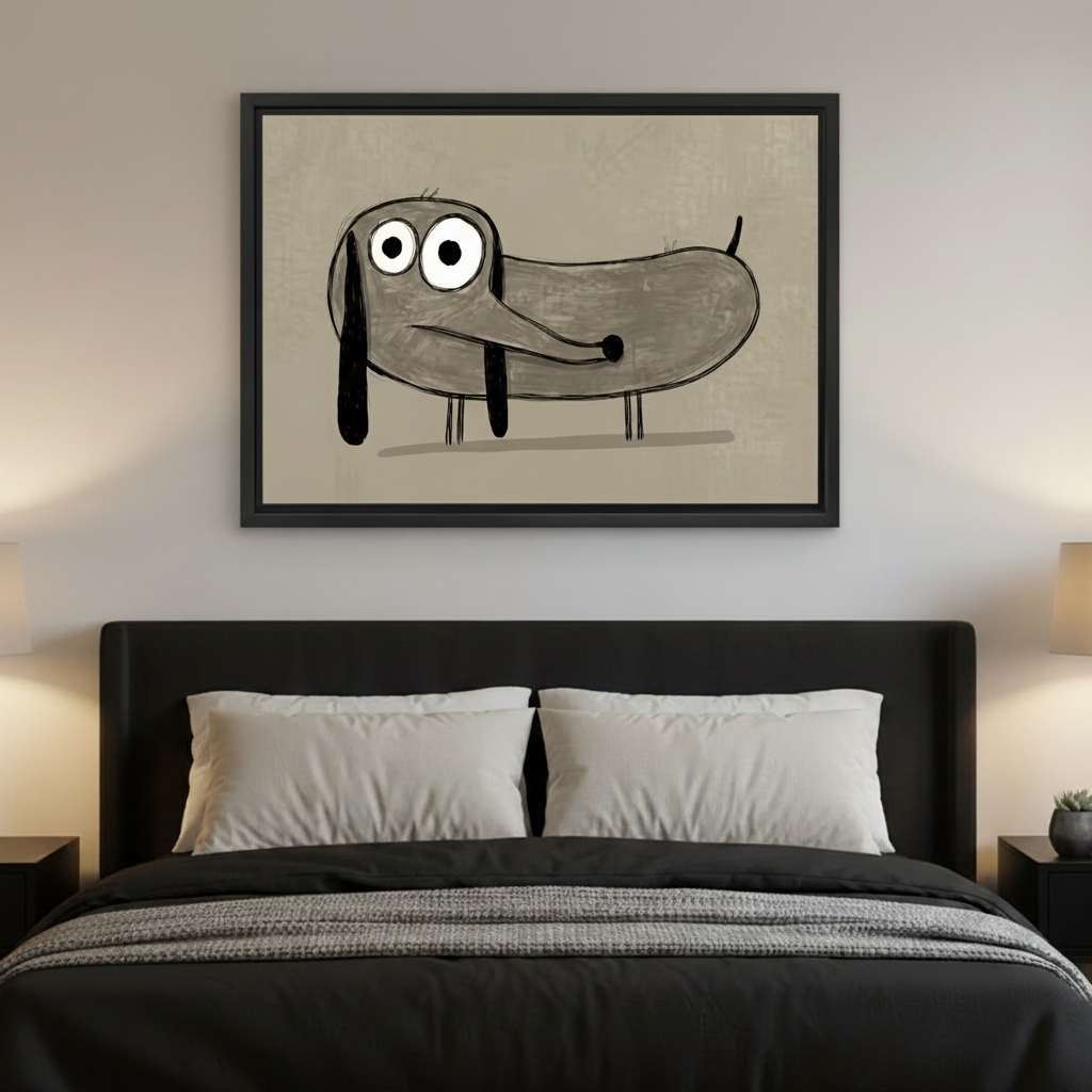 Minimalist dachshund big eyes canvas wall art above console table living room
