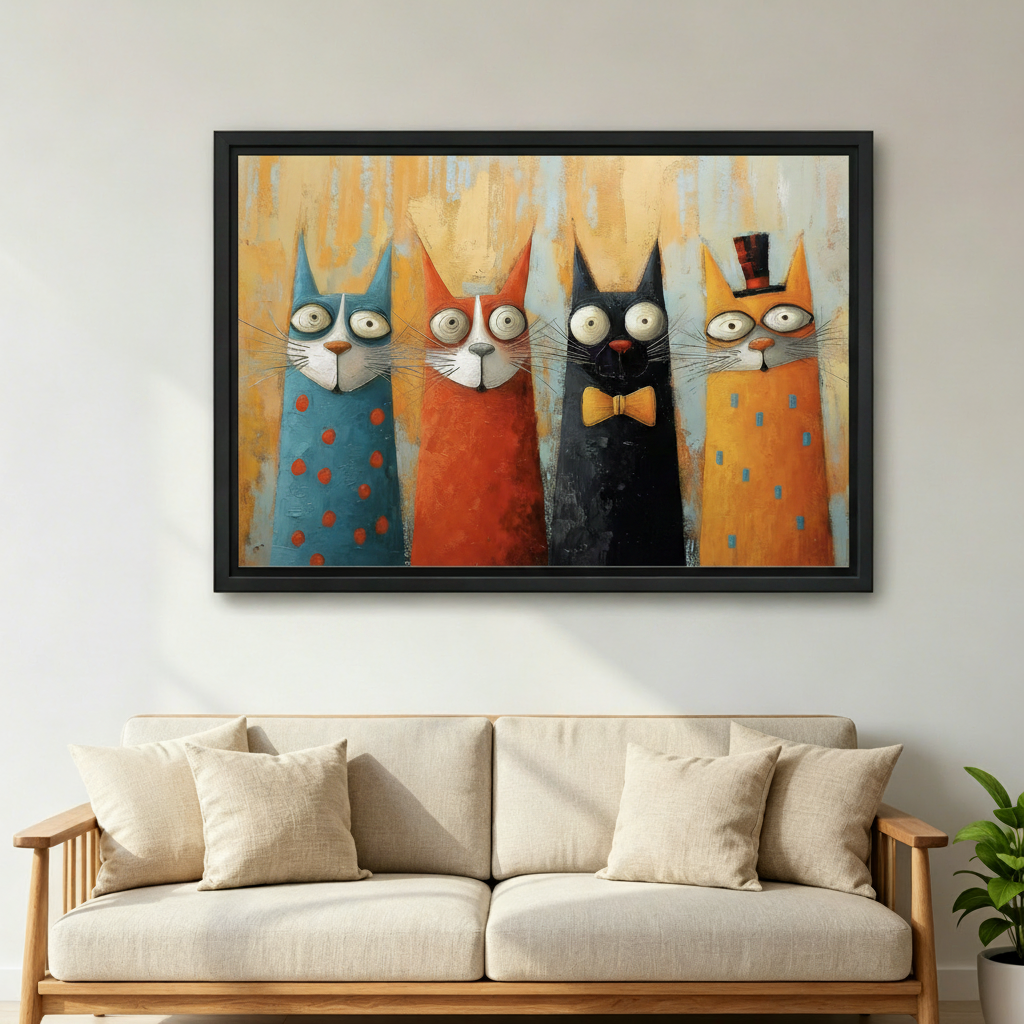 Whimsical cat gang canvas art print, colorful framed wall decor for any room