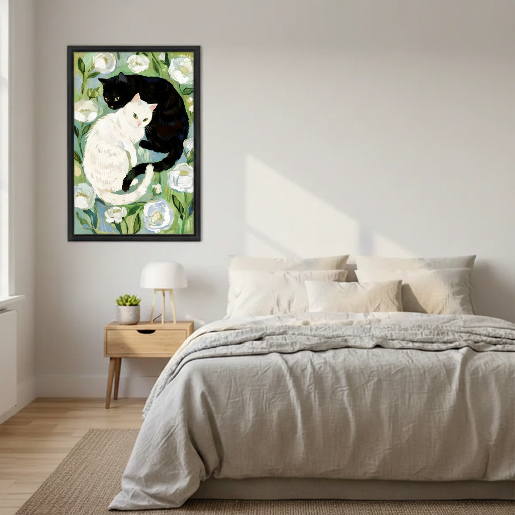 White and black cat art print with white roses – folk art canvas wall decor for cat lovers