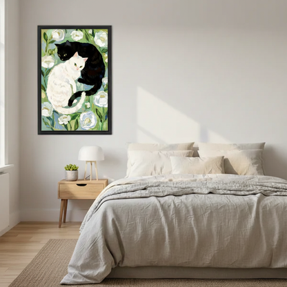 White and black cat art print with white roses – folk art canvas wall decor for cat lovers