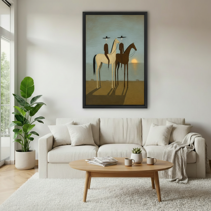 Surrealist desert riders framed canvas wall art print in minimalist living room, moody western horseback illustration