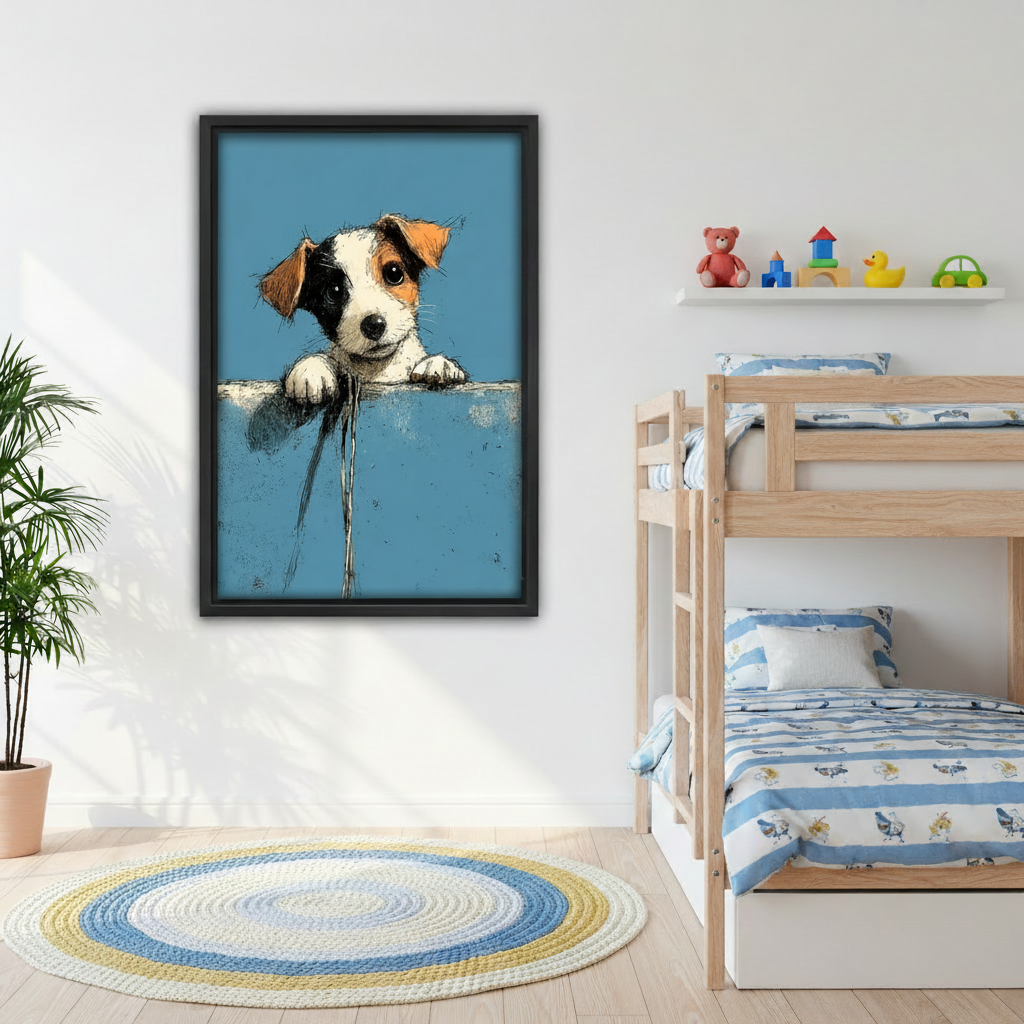 Cute puppy peeking framed wall art in bedroom, sweet Jack Russell terrier sketch print on blue background, cozy dog lover decor