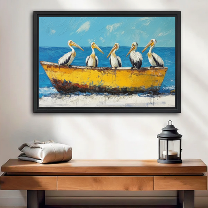  Five pelicans yellow boat framed wall art print, black frame, bold coastal oil painting blue ocean beach scene, displayed above a rustic wooden console table with lantern decor in a warm neutral entryway