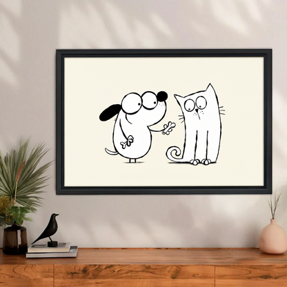 Funny dog offering bone to cat minimalist line drawing wall art print in black frame above walnut sideboard with black bird sculpture and pink ceramic vase in modern living room