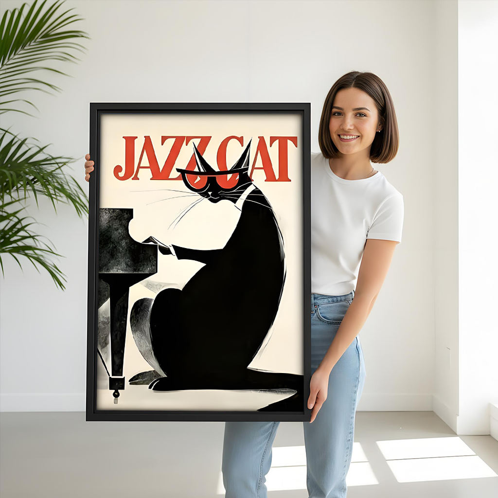 Woman holding vintage Jazz Cat framed print, black frame, retro piano cat wall art, home decor gift