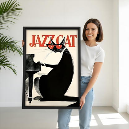 Woman holding vintage Jazz Cat framed print, black frame, retro piano cat wall art, home decor gift