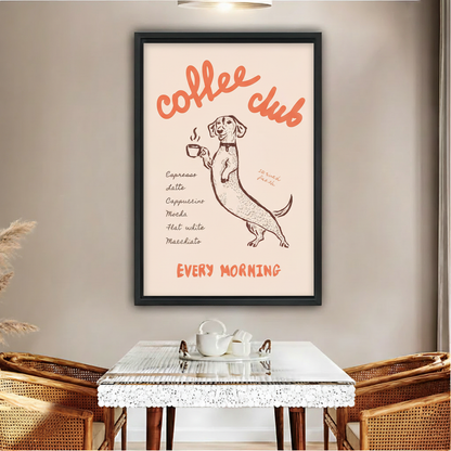 Dachshund coffee club every morning retro poster wall art print in black frame above glass dining table with rattan chairs white tea set and pampas grass in boho dining room