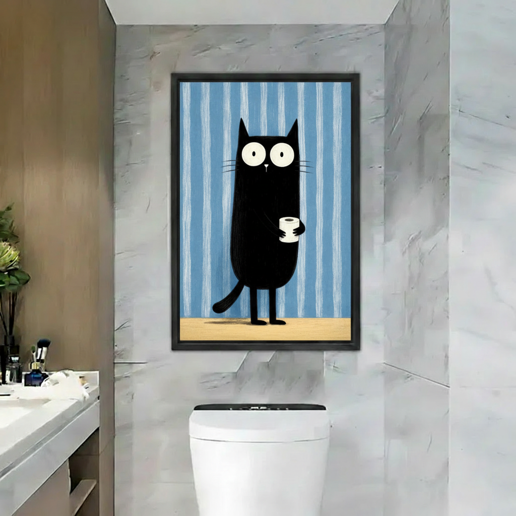 Funny black cat holding toilet paper framed wall art print, black frame, blue striped background, hung above toilet in a marble luxury bathroom