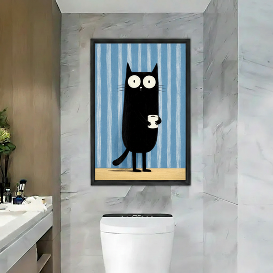 Funny black cat holding toilet paper framed wall art print, black frame, blue striped background, hung above toilet in a marble luxury bathroom