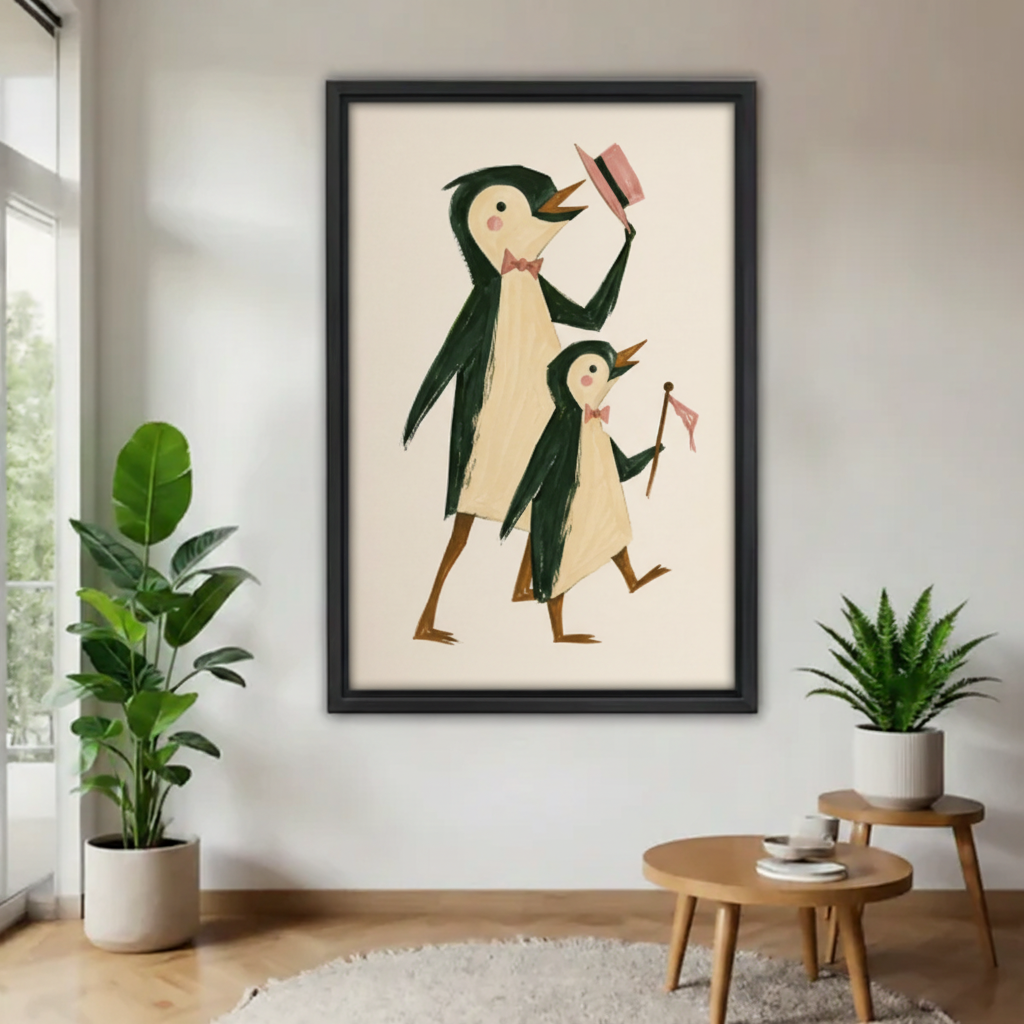 Whimsical penguin father and baby marching with pink top hat mid-century wall art print in black frame on white wall with fiddle leaf fig and round oak side table in Scandinavian living room