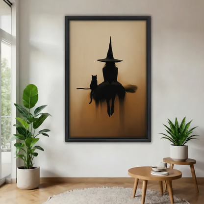 Witch and black cat on broomstick silhouette framed wall art print, black frame, dark luxury amber oil painting style, hung on white wall in a bright minimalist living room with fiddle leaf fig and round wooden side table