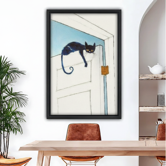 Whimsical black cat wall art, cat perched on white door with blue background, black framed canvas print for dining room decor