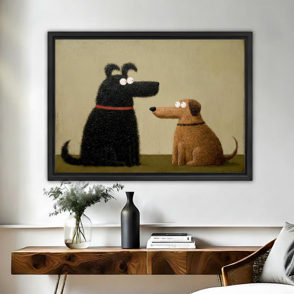 Funny black dog and brown dog staring at each other cartoon oil painting wall art print in black frame above rustic wood console table with black vase and eucalyptus in modern entryway
