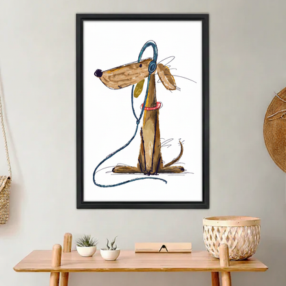 Funny brown dog with blue headphones pink collar humorous hand-drawn wall art print in black frame above wooden console table with white succulents and wicker basket in boho entryway