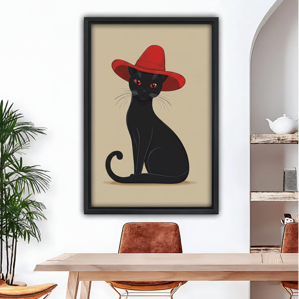 Stylish black cat with red hat wall art, elegant cat in wide brim red hat on beige background, black framed canvas print for dining room decor