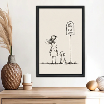 Minimalist girl and dog waiting at bus stop line drawing wall art print in black frame above wooden sideboard with pineapple vase and white candle in boho living room