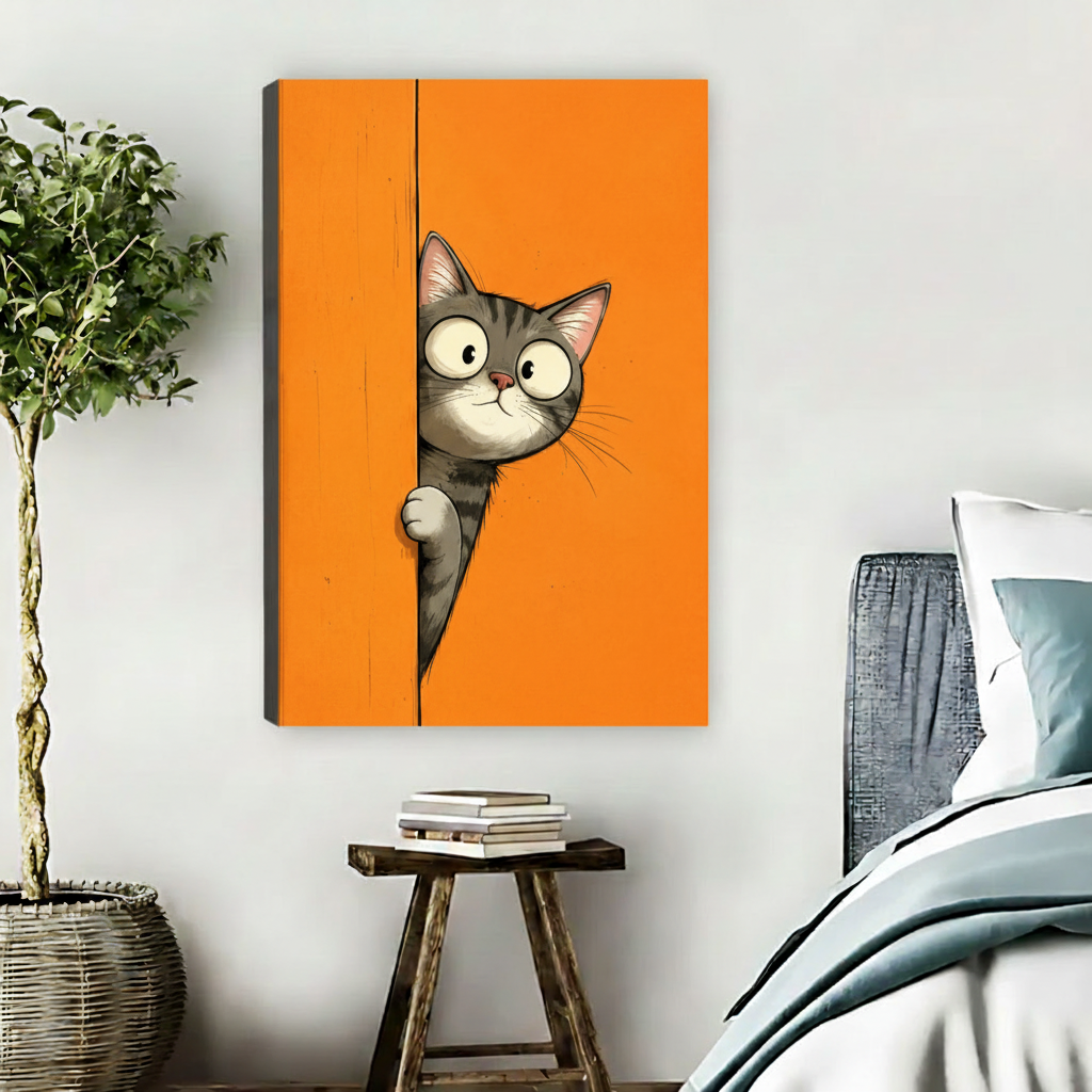 Gray cat peeking canvas gallery wrap wall art in Scandinavian bedroom interior