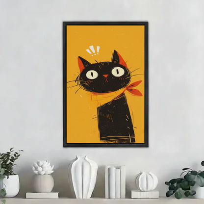 Funny surprised black cat orange bandana yellow background minimalist wall art print in black frame on white shelf with succulent plants and white ceramic vases in modern living room