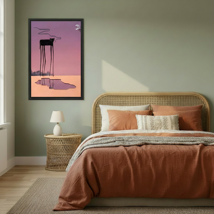 Surreal long-legged black cat moon night framed canvas print above a bed — moody purple aesthetic wall art for bedroom decor