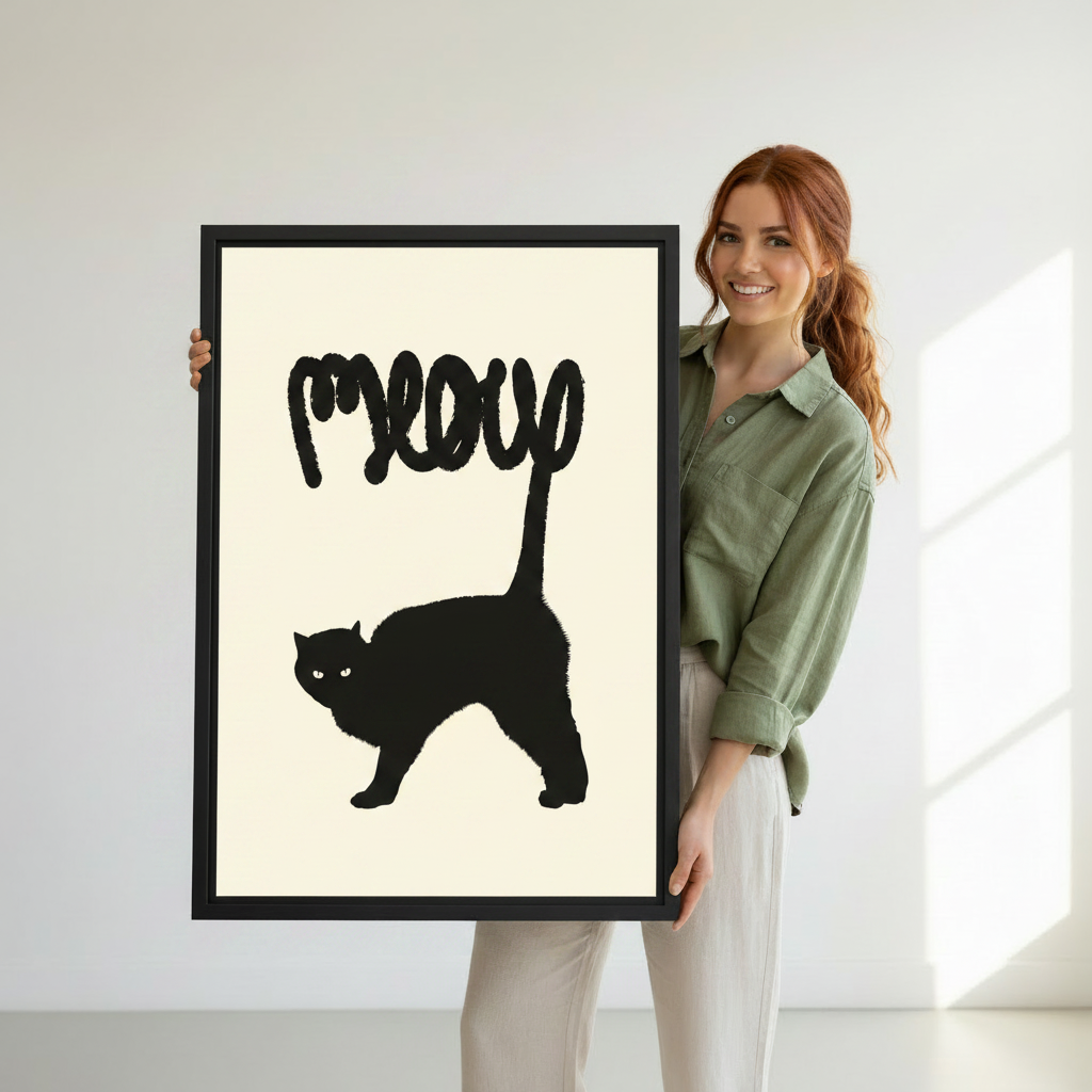 Woman holding meow black cat minimalist framed canvas print — bold cat silhouette wall art, perfect cat lover gift