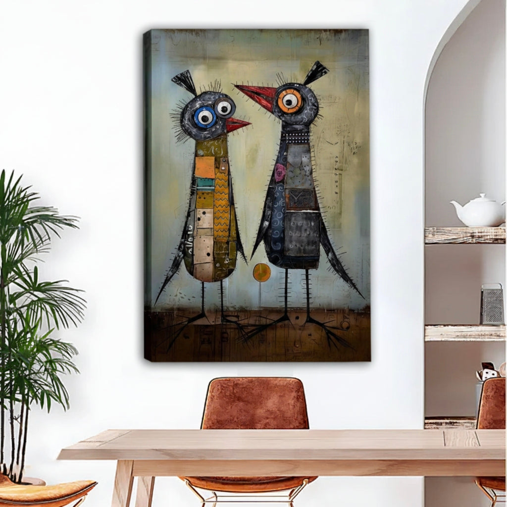 Two whimsical patchwork birds canvas wall art no frame gallery wrap, quirky mixed media print for living room eclectic decor