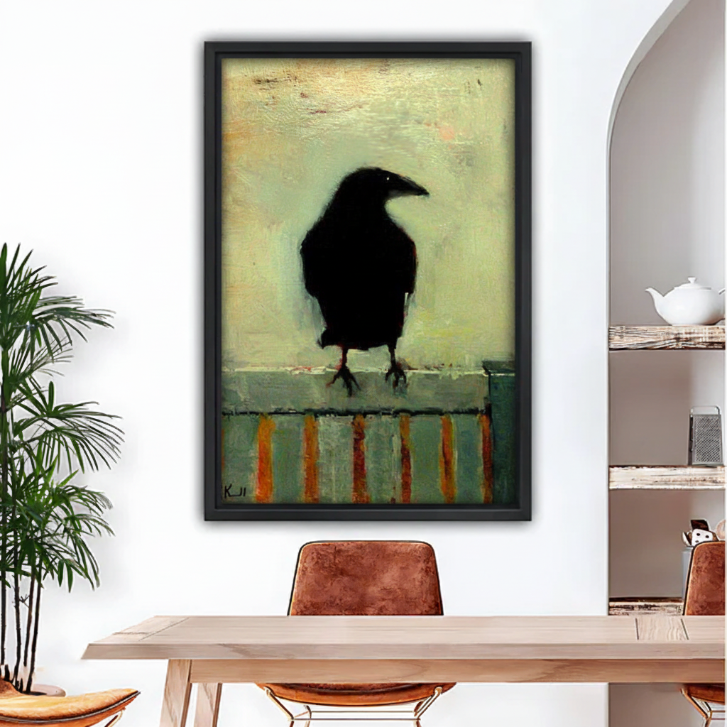 Dark raven oil painting framed canvas wall art above dining table, sage green and gold textured background