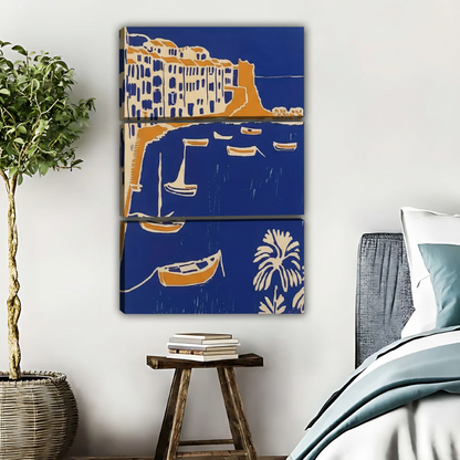Mediterranean Coastal Village Art Print - Blue & Orange Wall Decor|Liberty Signs #L515