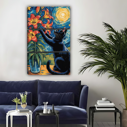 Black Cat with Starry Night Flowers Canvas - Van Gogh Style Art|Liberty Signs #L356